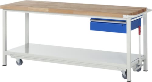 RAU Werkbank Serie 8000 mit absenkbarem Fahrgestell, 1 Schublade, 1 Ablageboden, 1 Schiebebügel, RAL7035 Lichtgrau/RAL5010 Enzianblau