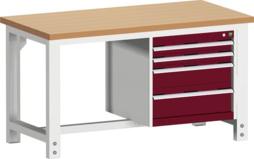 bott Stationäre Systemwerkbank cubio höhenverstellbar, 4 Schubladen, RAL7035 Lichtgrau/RAL3004 Purpurrot