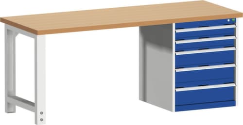 bott Stationäre Systemwerkbank cubio, 5 Schubladen, RAL7035 Lichtgrau/RAL5010 Enzianblau