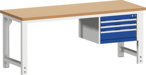 bott Stationäre Systemwerkbank cubio höhenverstellbar, 3 Schubladen, RAL7035 Lichtgrau/RAL5010 Enzianblau