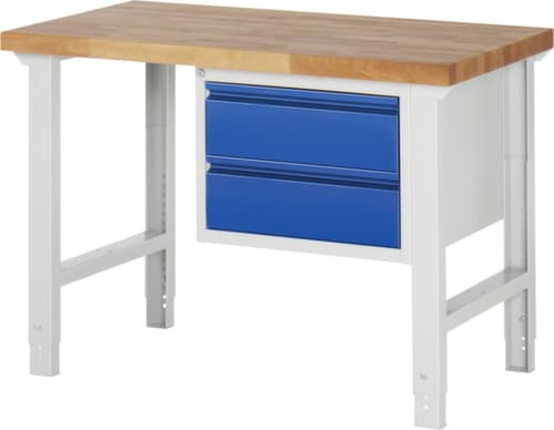 RAU Stufenlos höhenverstellbare Werkbank Basic, 2 Schubladen, RAL7035 Lichtgrau/RAL5010 Enzianblau