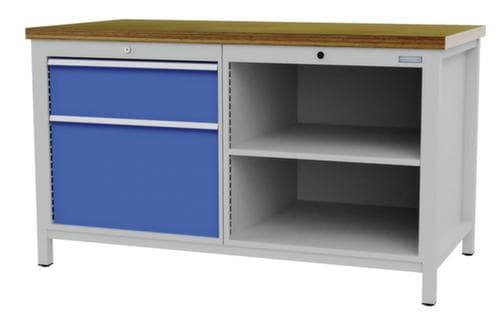 Bedrunka + Hirth Werkbank mit Buche-Massivholzplatte Gestell in vielen Farben, 1 Schublade, 1 Schrank, 2 Ablageböden