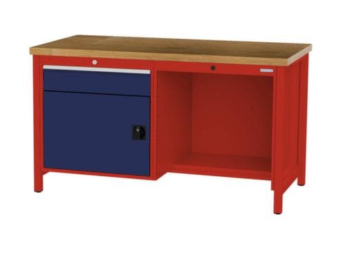 Bedrunka + Hirth Werkbank mit Buche-Massivholzplatte Gestell in vielen Farben, 1 Schublade, 1 Schrank, 1/2 Ablageboden