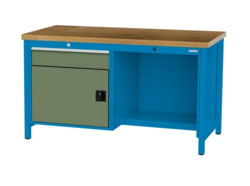 Bedrunka + Hirth Werkbank mit Buche-Massivholzplatte Gestell in vielen Farben, 1 Schublade, 1 Schrank, 1/2 Ablageboden