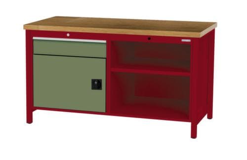 Bedrunka + Hirth Werkbank mit Buche-Massivholzplatte Gestell in vielen Farben, 1 Schublade, 1 Schrank, 2 Ablageböden