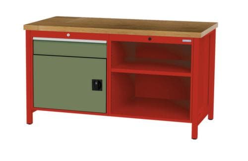 Bedrunka + Hirth Werkbank mit Buche-Massivholzplatte Gestell in vielen Farben, 1 Schublade, 1 Schrank, 2 Ablageböden