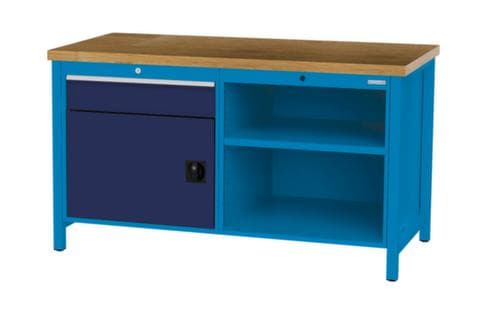 Bedrunka + Hirth Werkbank mit Buche-Massivholzplatte Gestell in vielen Farben, 1 Schublade, 1 Schrank, 2 Ablageböden