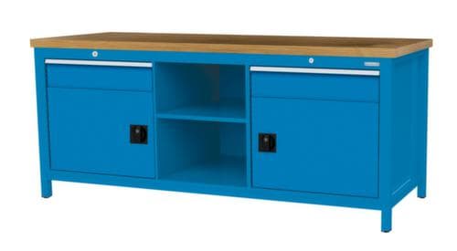 Bedrunka + Hirth Werkbank mit Buche-Massivholzplatte Gestell in vielen Farben, 2 Schubladen, 2 Schränke, 2 Ablageböden
