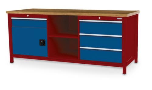 Bedrunka + Hirth Werkbank mit Buche-Massivholzplatte Gestell in vielen Farben, 3 Schubladen, 1 Schrank, 2 Ablageböden