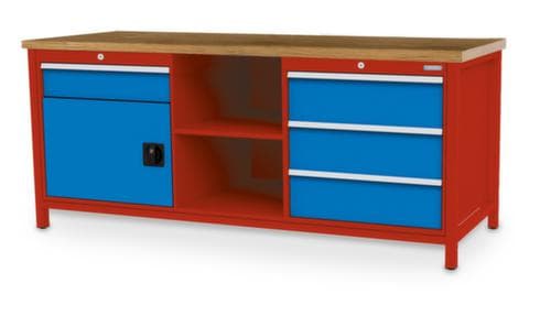 Bedrunka + Hirth Werkbank mit Buche-Massivholzplatte Gestell in vielen Farben, 3 Schubladen, 1 Schrank, 2 Ablageböden