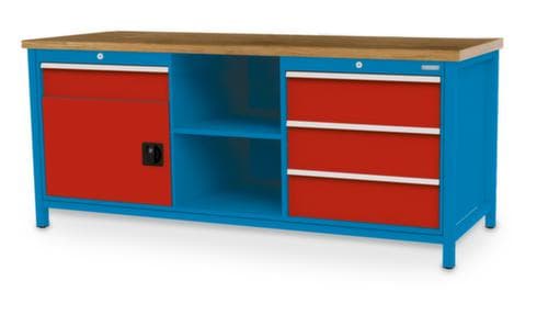 Bedrunka + Hirth Werkbank mit Buche-Massivholzplatte Gestell in vielen Farben, 3 Schubladen, 1 Schrank, 2 Ablageböden
