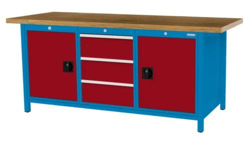 Bedrunka + Hirth Werkbank mit Buche-Massivholzplatte Gestell in vielen Farben, 3 Schubladen, 2 Schränke
