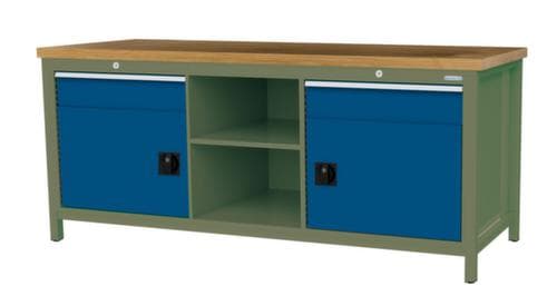 Bedrunka + Hirth Werkbank mit Buche-Massivholzplatte Gestell in vielen Farben, 2 Schubladen, 2 Schränke, 2 Ablageböden