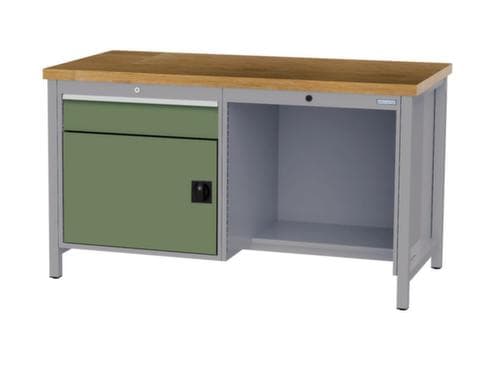 Bedrunka + Hirth Werkbank mit Buche-Massivholzplatte Gestell in vielen Farben, 1 Schublade, 1 Schrank, 1/2 Ablageboden