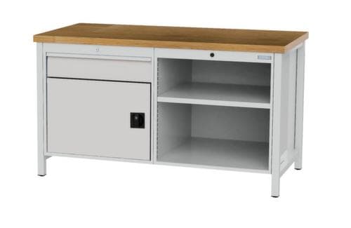 Bedrunka + Hirth Werkbank mit Buche-Massivholzplatte Gestell in vielen Farben, 1 Schublade, 1 Schrank, 2 Ablageböden