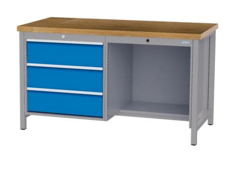 Bedrunka + Hirth Werkbank mit Buche-Massivholzplatte Gestell in vielen Farben, 3 Schubladen, 1/2 Ablageboden