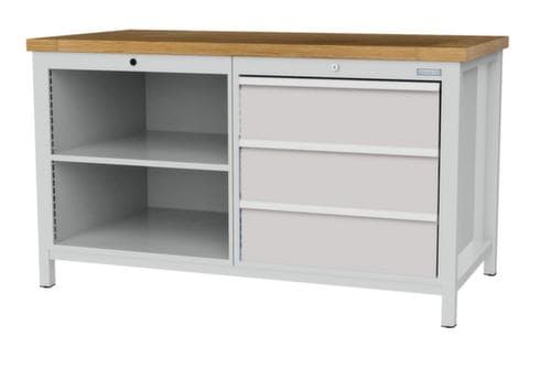 Bedrunka + Hirth Werkbank mit Buche-Massivholzplatte Gestell in vielen Farben, 3 Schubladen, 2 Ablageböden
