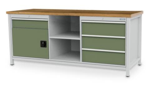 Bedrunka + Hirth Werkbank mit Buche-Massivholzplatte Gestell in vielen Farben, 3 Schubladen, 1 Schrank, 2 Ablageböden