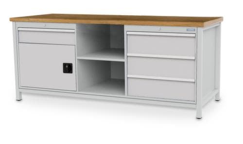 Bedrunka + Hirth Werkbank mit Buche-Massivholzplatte Gestell in vielen Farben, 3 Schubladen, 1 Schrank, 2 Ablageböden