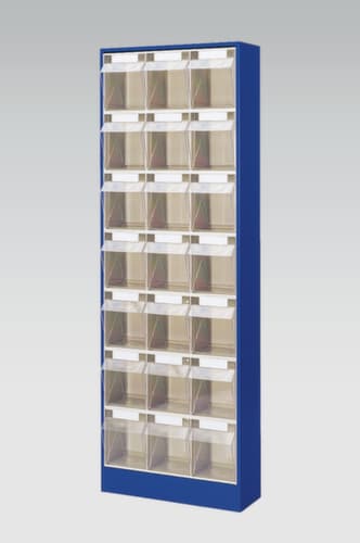 Magazinschrank mit Klappkästen, 21 Kästen, transparent