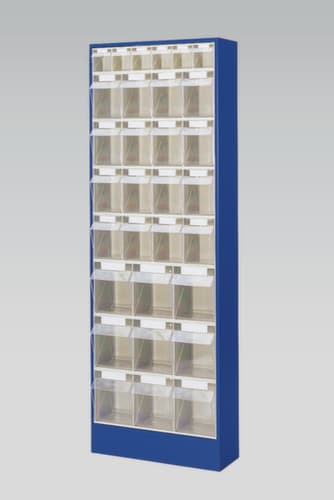 Magazinschrank mit Klappkästen, 31 Kästen, transparent