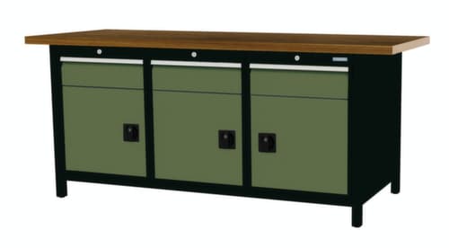 Bedrunka + Hirth Werkbank mit Buche-Massivholzplatte Gestell in vielen Farben, 3 Schubladen, 3 Schränke