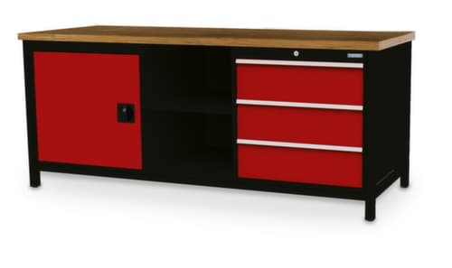 Bedrunka + Hirth Werkbank mit Buche-Massivholzplatte Gestell in vielen Farben, 3 Schubladen, 1 Schrank, 2 Ablageböden