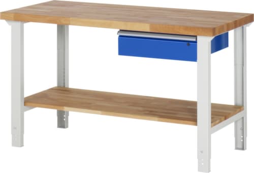 RAU Höhenverstellbare Werkbank Serie 7000, 1 Schublade, 1 Ablageboden, RAL7035 Lichtgrau/RAL5010 Enzianblau