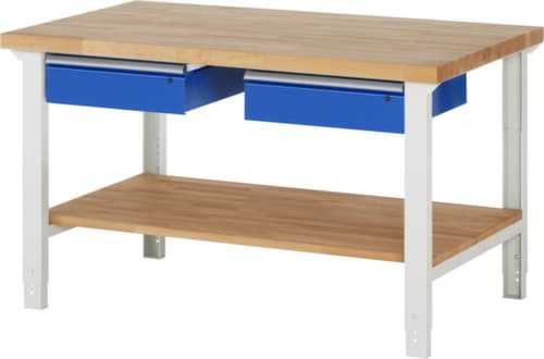 RAU Höhenverstellbare Werkbank Serie 7000, 2 Schubladen, 1 Ablageboden, RAL7035 Lichtgrau/RAL5010 Enzianblau