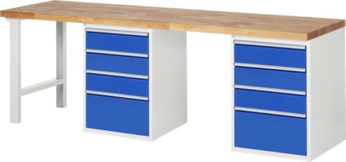 RAU Werkbank Serie 7000 mit Containergestell, 8 Schubladen, RAL7035 Lichtgrau/RAL5010 Enzianblau