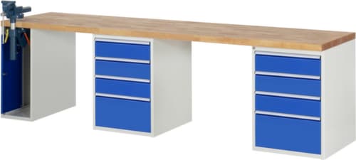 RAU Werkbank Serie 7000 mit Containergestell, 8 Schubladen, 1 Schrank, 1 Schraubstock, RAL7035 Lichtgrau/RAL5010 Enzianblau