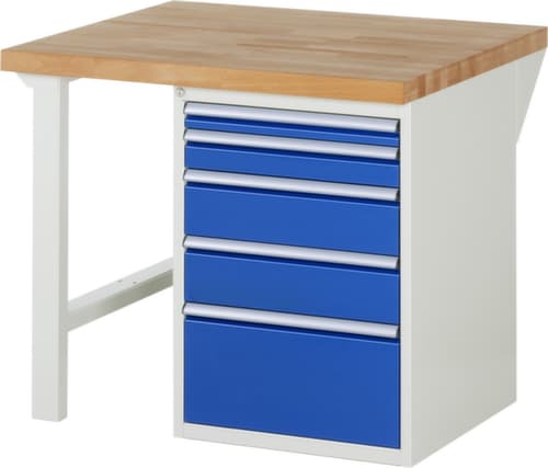 RAU Werkbank Serie 7000 mit Containergestell, 5 Schubladen, RAL7035 Lichtgrau/RAL5010 Enzianblau