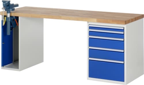 RAU Werkbank Serie 7000 mit Containergestell, 5 Schubladen, 1 Schrank, 1 Schraubstock, RAL7035 Lichtgrau/RAL5010 Enzianblau