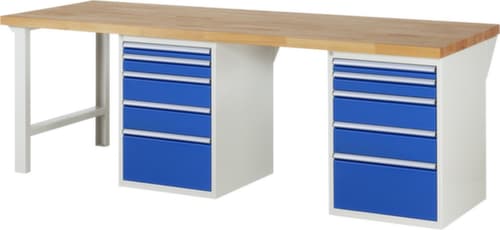 RAU Werkbank Serie 7000 mit Containergestell, 10 Schubladen, RAL7035 Lichtgrau/RAL5010 Enzianblau