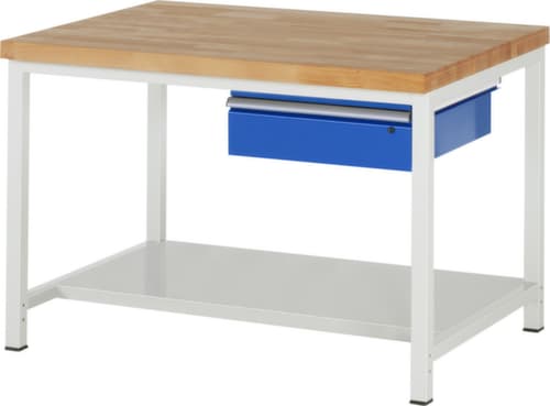 RAU Höhenverstellbare Werkbank Serie 8000, 1 Schublade, 1 Ablageboden, RAL7035 Lichtgrau/RAL5010 Enzianblau