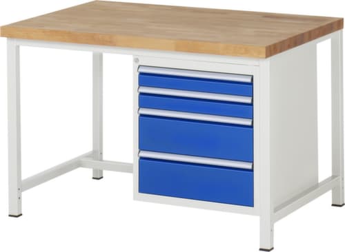 RAU Höhenverstellbare Werkbank Serie 8000, 4 Schubladen, RAL7035 Lichtgrau/RAL5010 Enzianblau