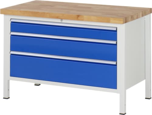 RAU Höhenverstellbare Werkbank Serie 8000, 3 Schubladen, RAL7035 Lichtgrau/RAL5010 Enzianblau
