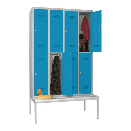 PAVOY Doppelstöckiger Umkleideschrank Basis mit Sitzbank + 4x2 Abteile, Abteilbreite 300 mm