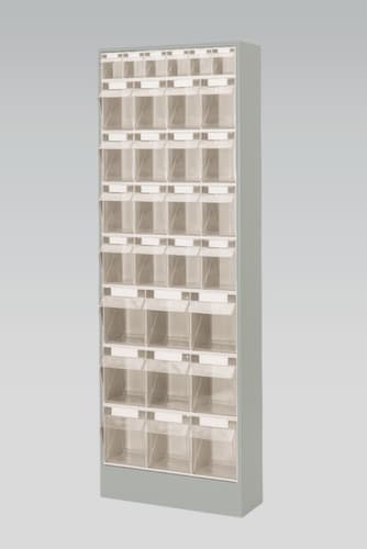 Magazinschrank mit Klappkästen, 31 Kästen, transparent