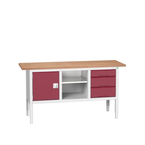 bott Höhenverstellbare Kastenwerkbank verso, 3 Schubladen, 1 Schrank, 1 Ablageboden, RAL7035 Lichtgrau/RAL3004 Purpurrot