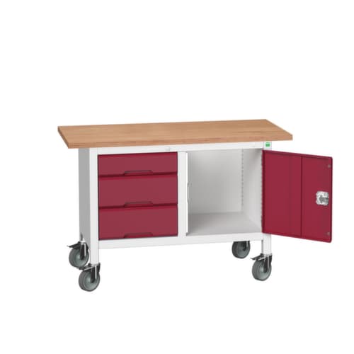 bott Fahrbare Kastenwerkbank verso, 3 Schubladen, 1 Schrank, RAL7035 Lichtgrau/RAL3004 Purpurrot