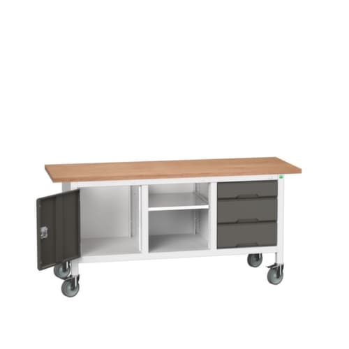 bott Fahrbare Kastenwerkbank verso, 3 Schubladen, 1 Schrank, 1 Ablageboden, RAL7035 Lichtgrau/RAL7016 Anthrazitgrau