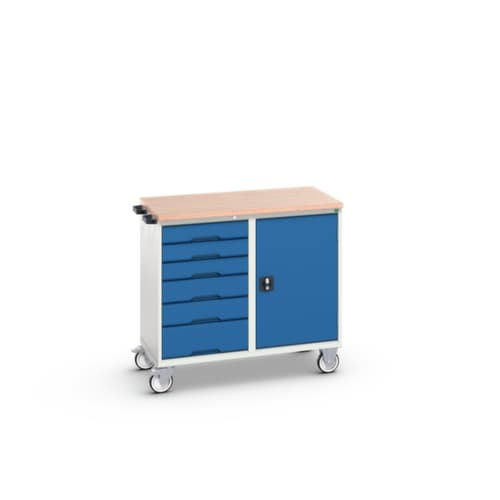bott Fahrbarer Montagetisch verso, 6 Schubladen, 1 Schrank, RAL7035 Lichtgrau/RAL5010 Enzianblau