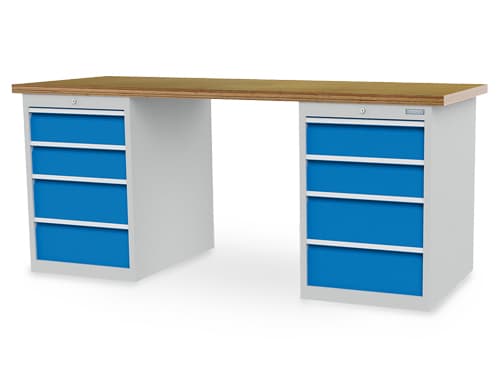 Bedrunka + Hirth Werkbank mit Schubladen und Schränken, 8 Schubladen, 1 Schrank, RAL7035 Lichtgrau/RAL5012 Lichtblau