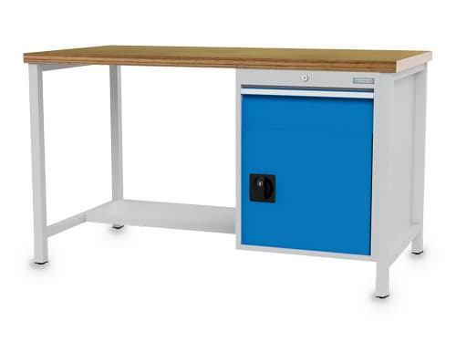 Bedrunka + Hirth Werkbank mit Buche-Multiplexplatte, 1 Schublade, 1 Schrank, 1/2 Ablageboden, RAL7035 Lichtgrau/RAL5012 Lichtblau