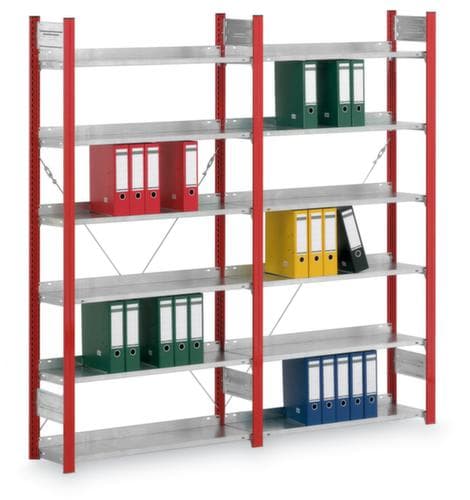 hofe Akten-Steckregal Anbaufeld zur beidseitigen Nutzung, 7 Böden, RAL3000 Feuerrot / RAL9006 Weißaluminium