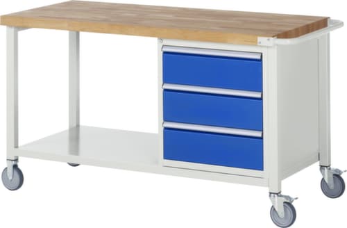 RAU Fahrbare Werkbank Serie 8000, 3 Schubladen, 1 Ablageboden, 1 Schiebebügel, RAL7035 Lichtgrau/RAL5010 Enzianblau