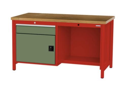 Bedrunka + Hirth Werkbank mit Buche-Massivholzplatte Gestell in vielen Farben, 1 Schublade, 1 Schrank, 1/2 Ablageboden