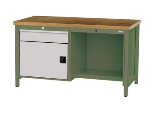 Bedrunka + Hirth Werkbank mit Buche-Massivholzplatte Gestell in vielen Farben, 1 Schublade, 1 Schrank, 1/2 Ablageboden