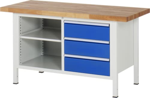 RAU Höhenverstellbare Werkbank Serie 8000, 3 Schubladen, 2 Ablageböden, RAL7035 Lichtgrau/RAL5010 Enzianblau